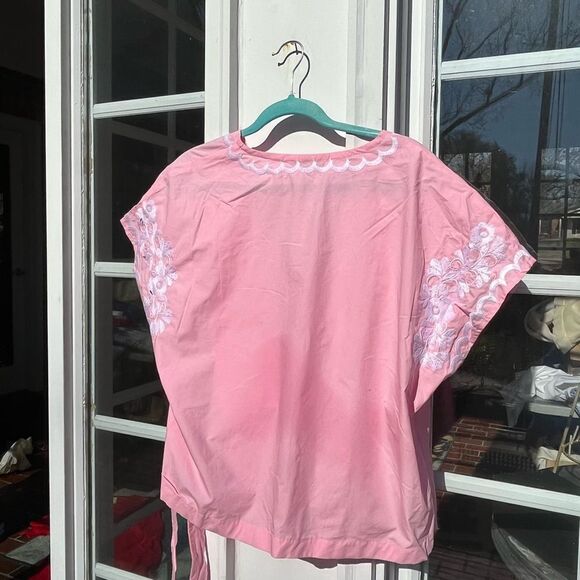 Madewell Pink Wrap Blouse with White Embroidery - Picture 6 of 12